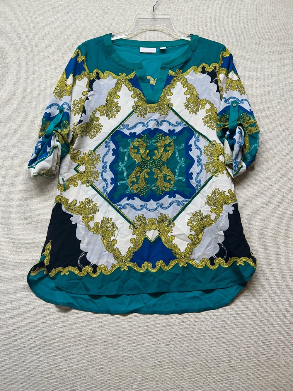 New York & Company Teal, Blue & Yellow Printed V-Neck Blouse